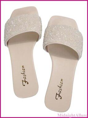Faux Leather Rhinestone Slip On Square Toe Flat Sandals Dressy Vacation
